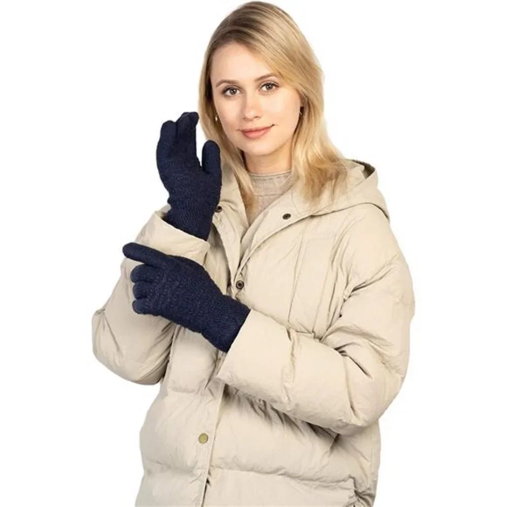 Women's Thermal Cable Knit Wool Fleece Lined Glove for Cold Weather, Navy Blue